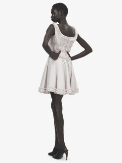 Women's Pleated Ruffle Pinstripe Mini Dress in Ivory/Pink