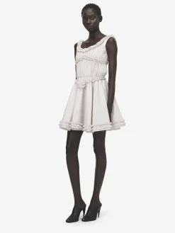 Women's Pleated Ruffle Pinstripe Mini Dress in Ivory/Pink