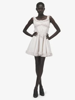 Women's Pleated Ruffle Pinstripe Mini Dress in Ivory/Pink