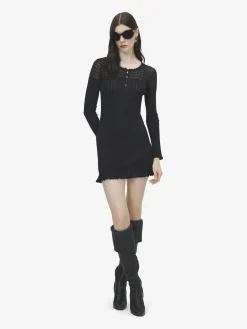 Women's Pointelle Knit Mini Dress in Black