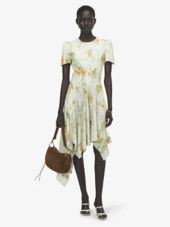 Women's Silk Floral Print Dress in Stone/Light Orange