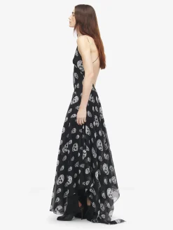 Women's Silk Skull Print Evening Dress in Black/White