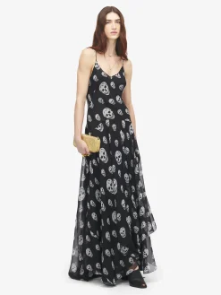 Women's Silk Skull Print Evening Dress in Black/White
