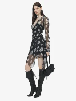 Women's Silk Skull Print Wrap Dress in Black/White