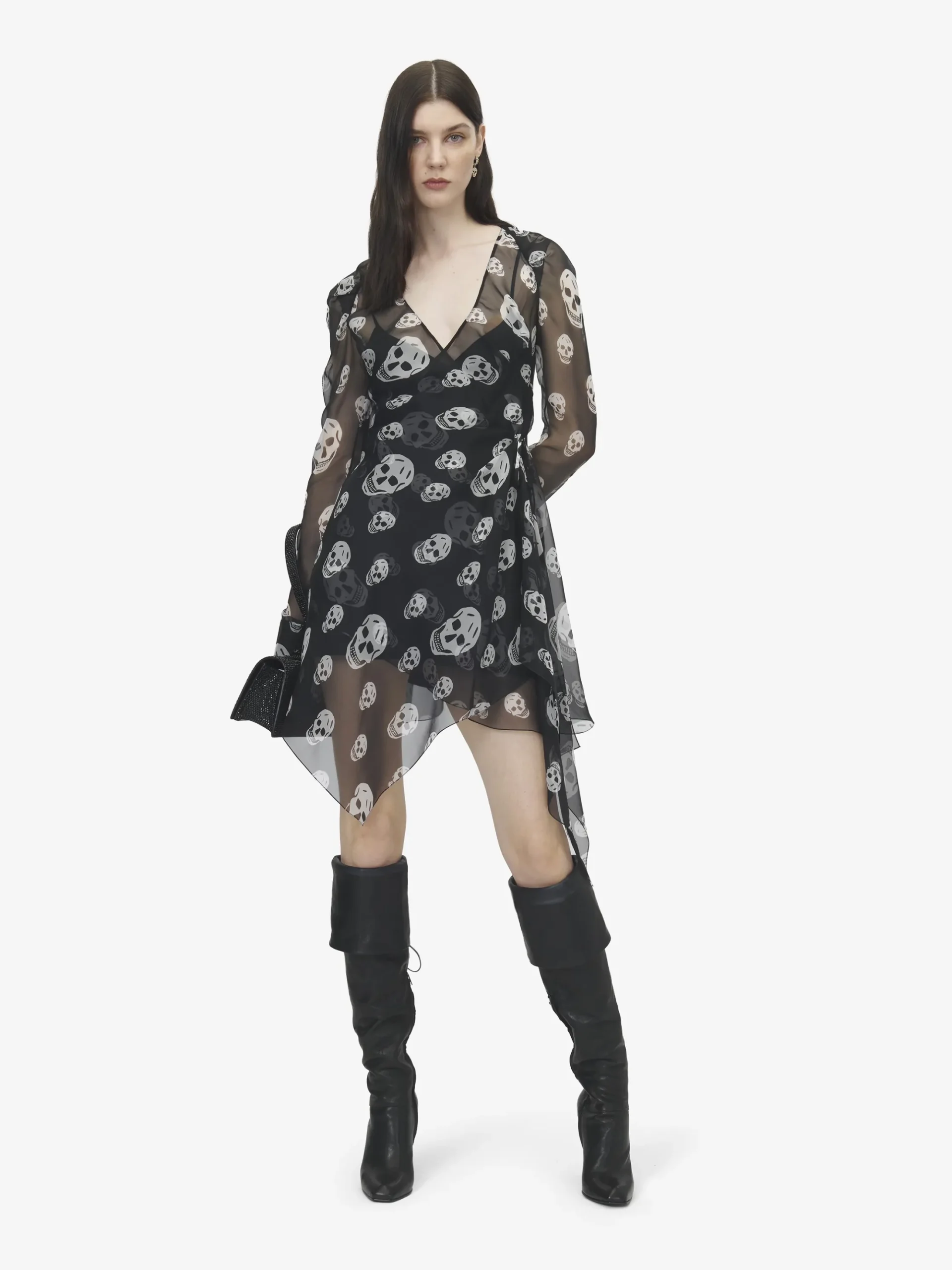 Women's Silk Skull Print Wrap Dress in Black/White