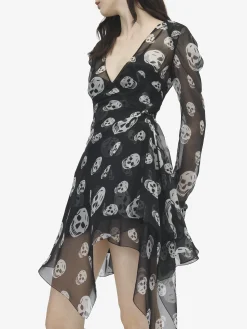 Women's Silk Skull Print Wrap Dress in Black/White