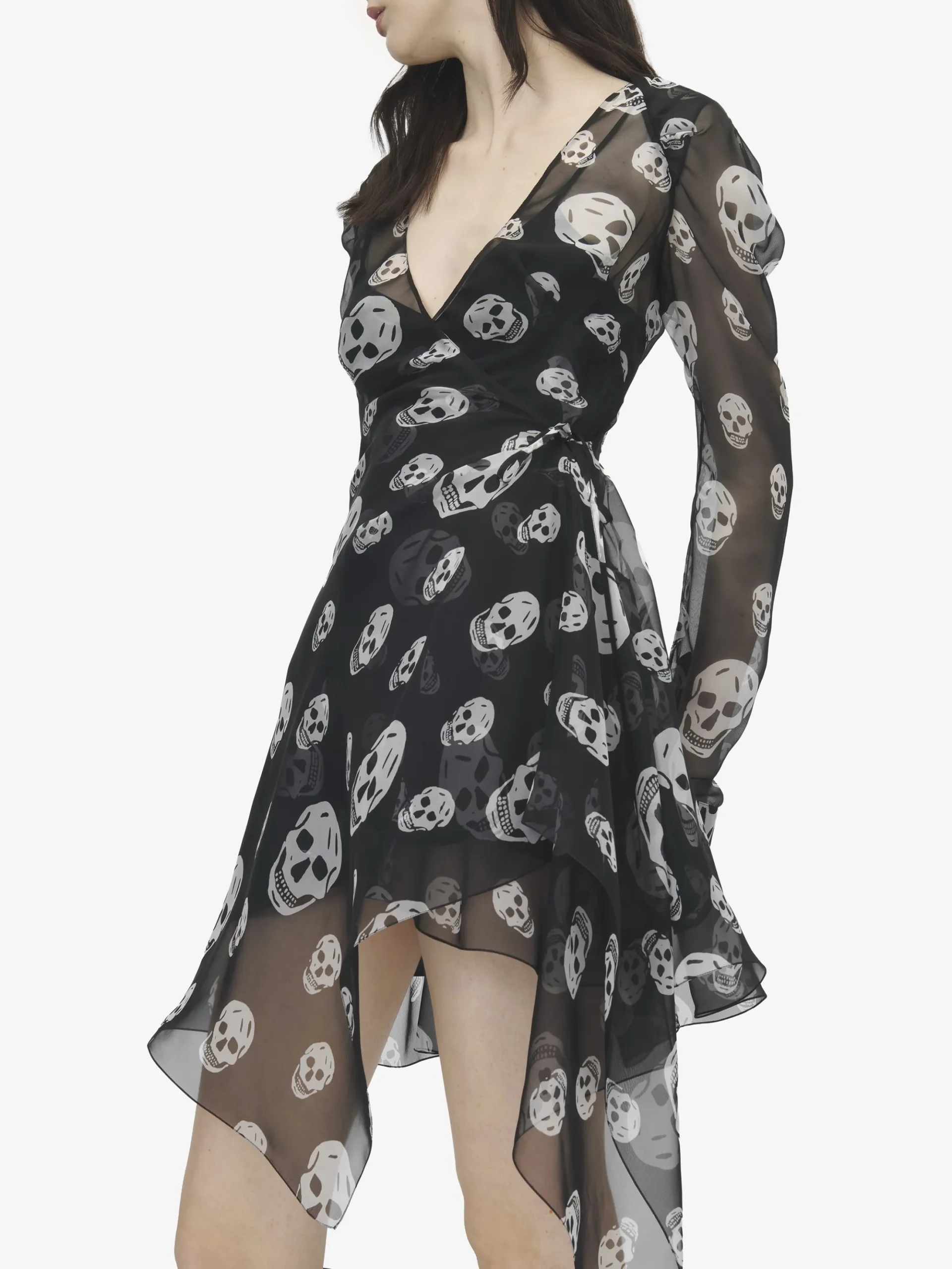 Women's Silk Skull Print Wrap Dress in Black/White