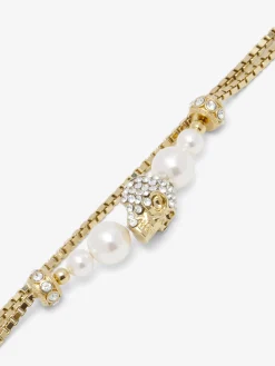 Women's Skull and Pearl Chain Bracelet in Pale Gold-finish