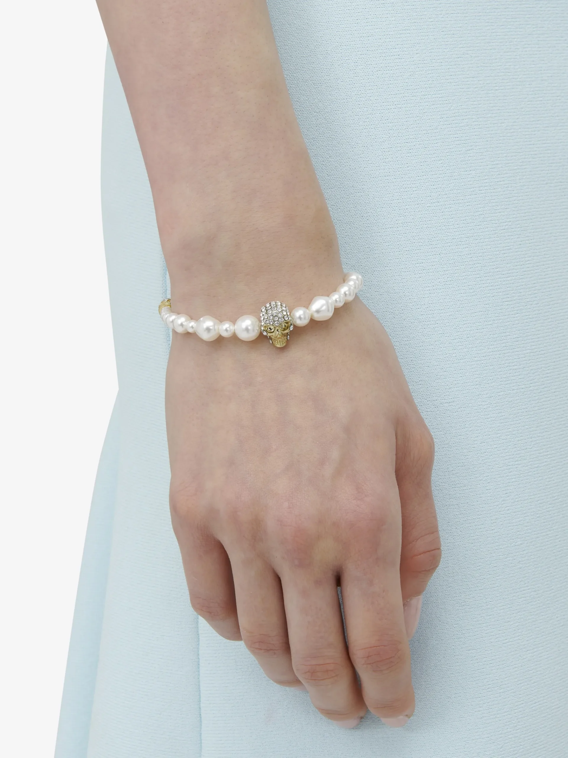 Women's Skull and Pearl Friendship Bracelet in Pale Gold-finish