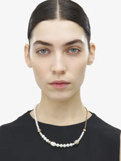 Women's Skull and Pearl Necklace in Pale Gold-finish