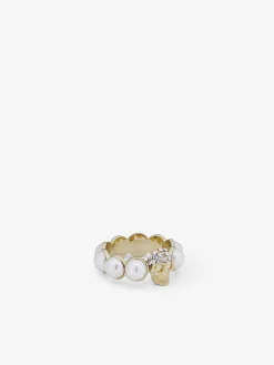 Women's Skull and Pearl Ring in Pale Gold-finish