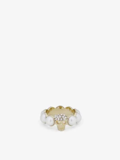 Women's Skull and Pearl Ring in Pale Gold-finish