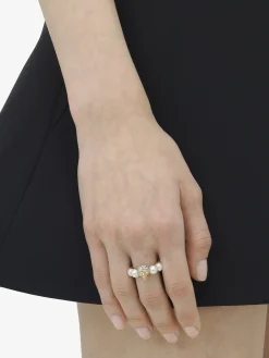 Women's Skull and Pearl Ring in Pale Gold-finish