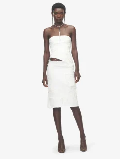 Women's Slashed Denim Strapless Dress in Ivory