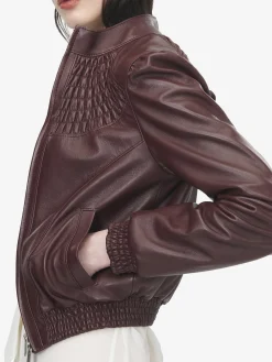 Women's Smocking Leather Jacket in Burgundy