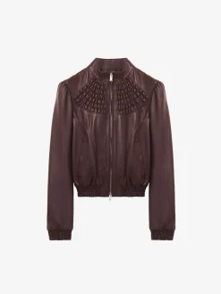 Women's Smocking Leather Jacket in Burgundy