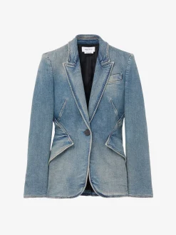 Women's Stretch Denim Jacket in Washed Blue