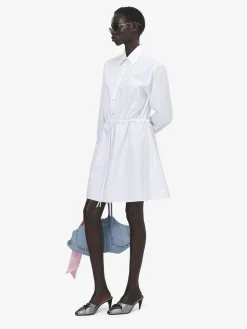 Women's Tie Detail Shirt Dress in Optical White